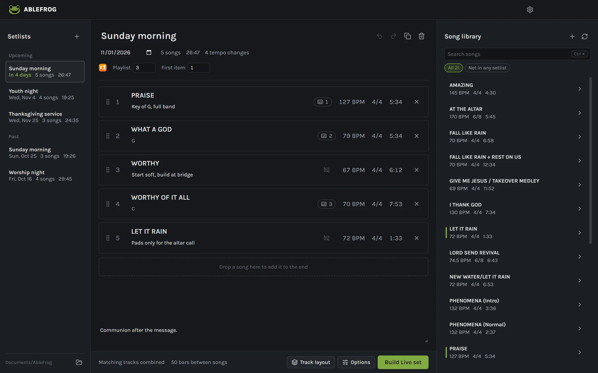 The AbleFrog window, with a setlist in the middle and the song library on the right.