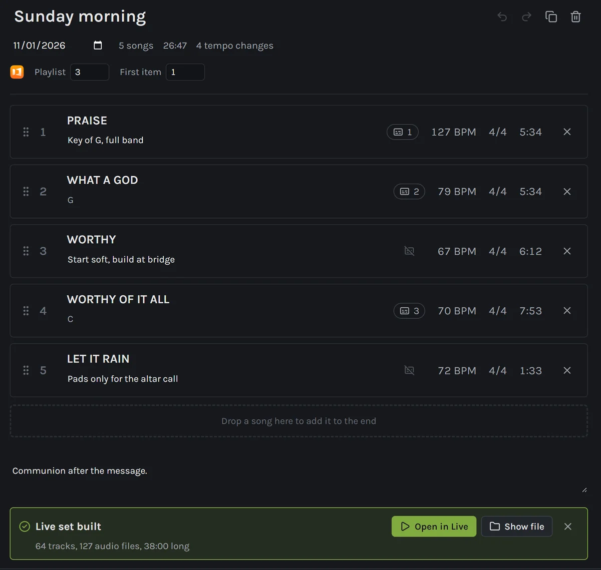 A finished build, with its track count, audio files and running time.