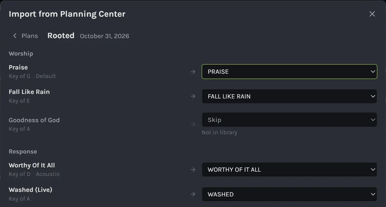 Matching a Planning Center plan's songs to your library.