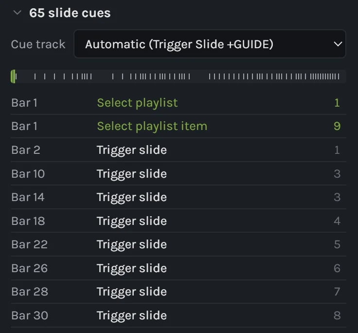 Sections, tracks and ProPresenter cues for one song.